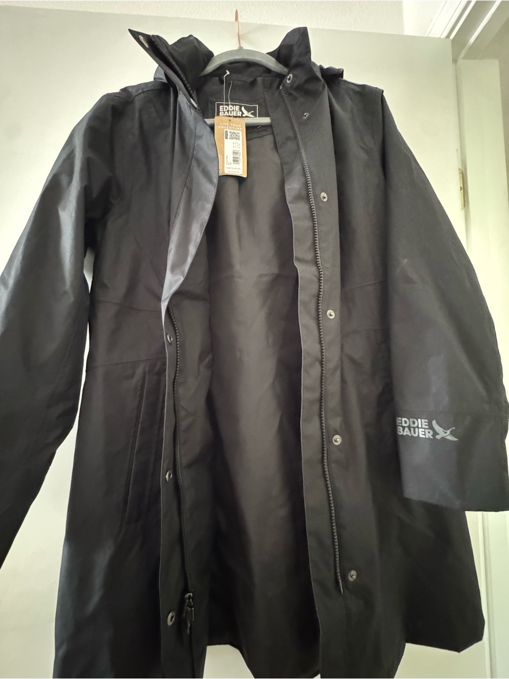 Eddie Bauer Black Hooded Trench with Sleeve Logo